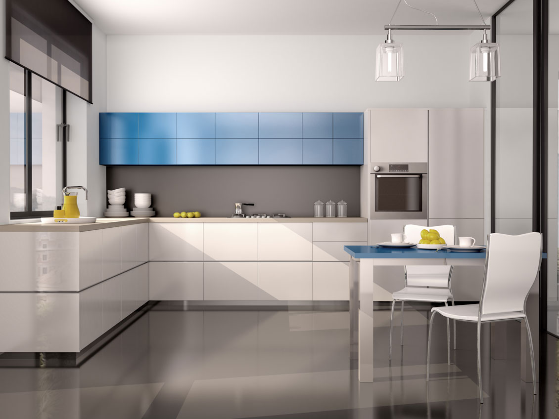 Kolorowa - biała i niebieska drewniana kuchnia na wymiar - meble kuchenne nowoczesne kolorowe biało-niebieskie.