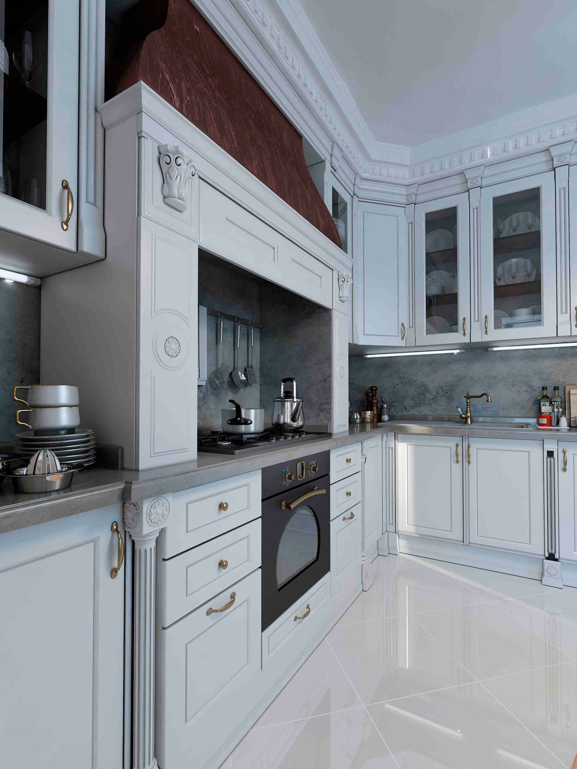 Luksusowe białe meble kuchenne na wymiar - drewniane rzeźbione kuchnie klasyczne do zabudowy.
